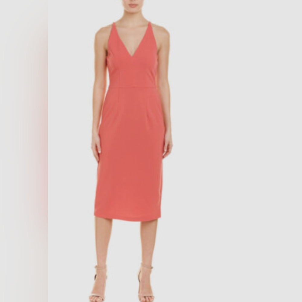 🆕 NWOT pink v-neck Donna Morgan midi length sheath with back slit